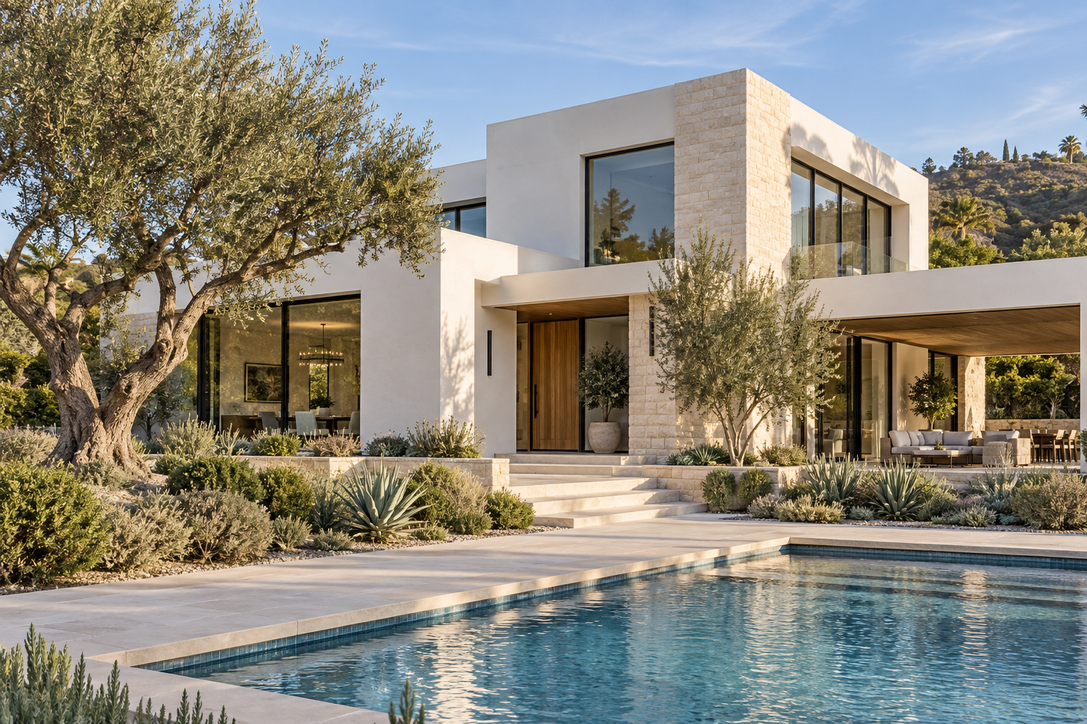 Illustrative modern California home with stone walls, olive trees, and a pool